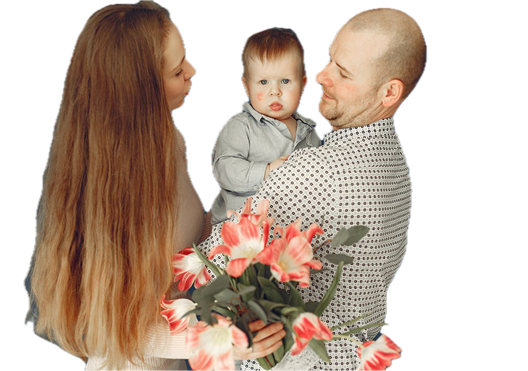 Family portrait with parents holding a baby and pink lilies against a white background