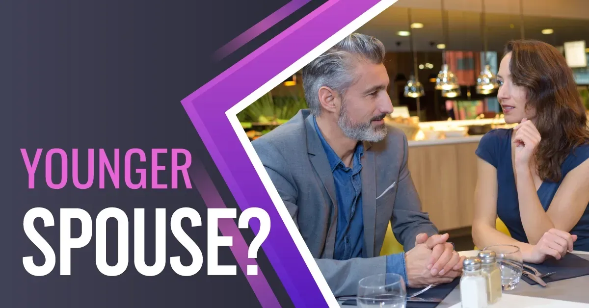 Couple talking at a restaurant table beside bold text “Younger spouse?”