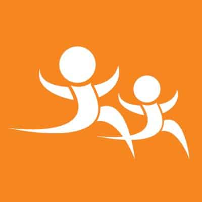 White silhouettes of an adult and child running with arms outstretched, on an orange background.