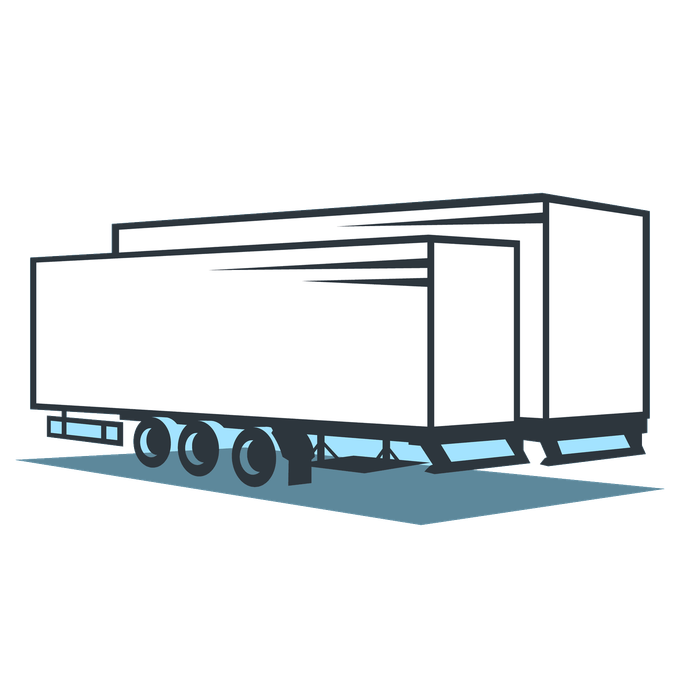 White semi-trailer truck with three wheels on each side, blue shadow.