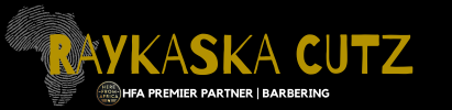 Logo: Raykaska Cutz with gold text and Africa outline,