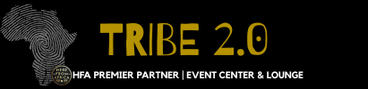Logo for Tribe 2.0: African continent graphic, gold text on black background,