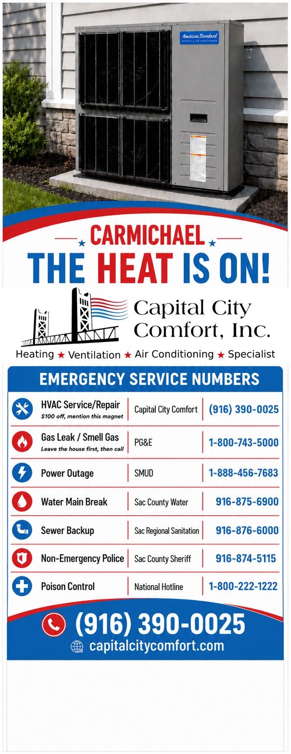 Capital City Comfort Carmichael HVAC promotional graphic featuring American Standard equipment and emergency service contacts