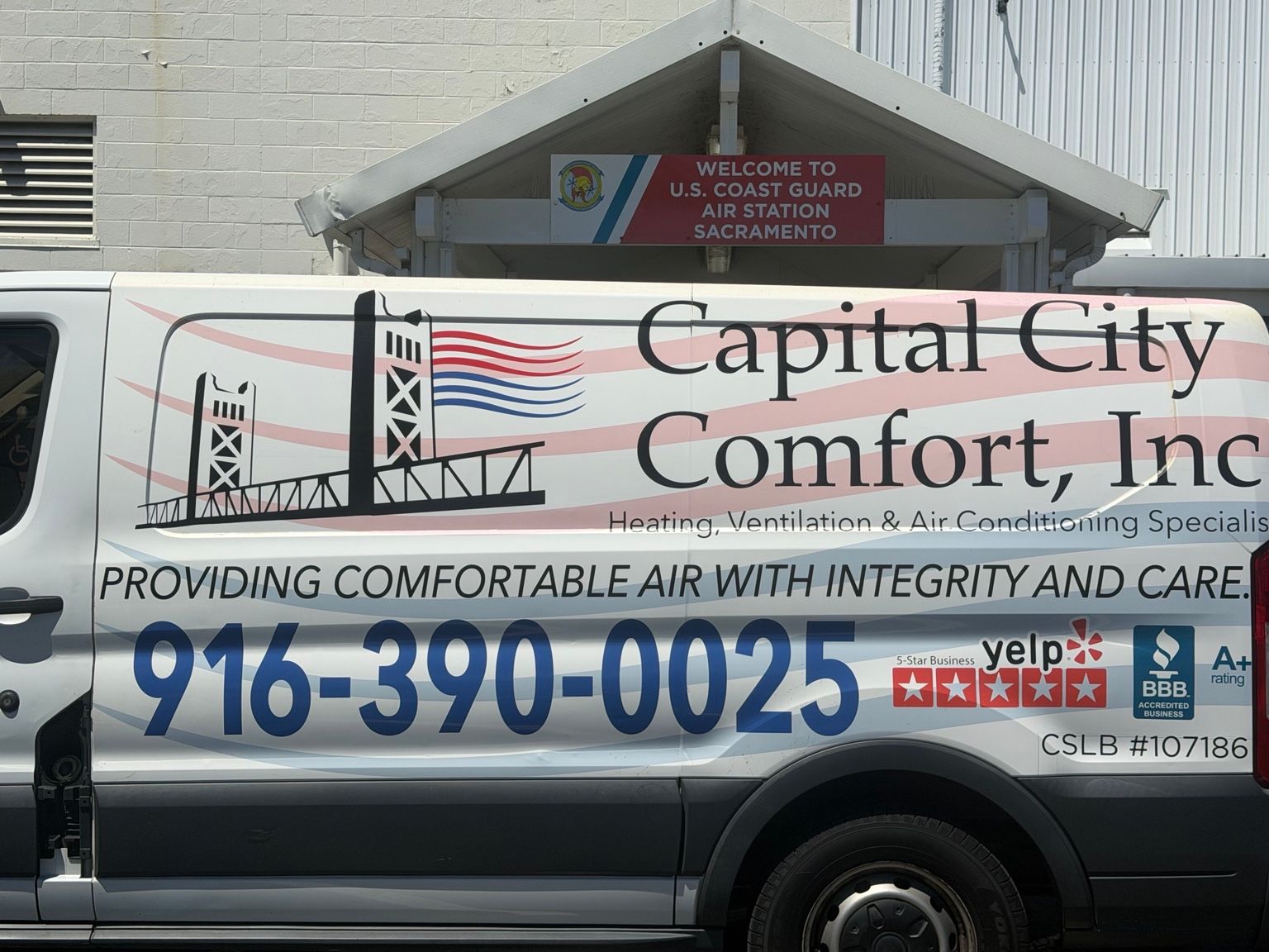 Capital City Comfort service van at U.S. Coast Guard Air Station Sacramento