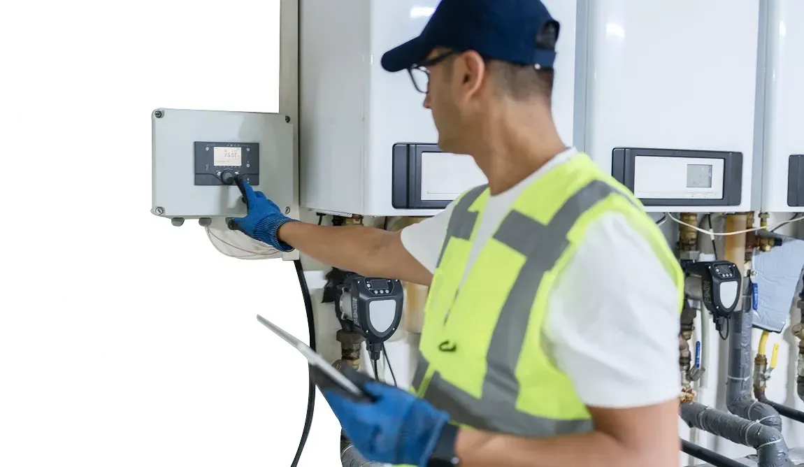 Heating-service technician checking equipment controls