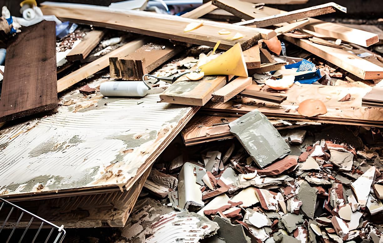 A pile of wood and bricks on the ground