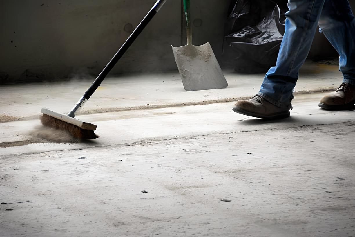 A person is sweeping the floor with a broom and shovel