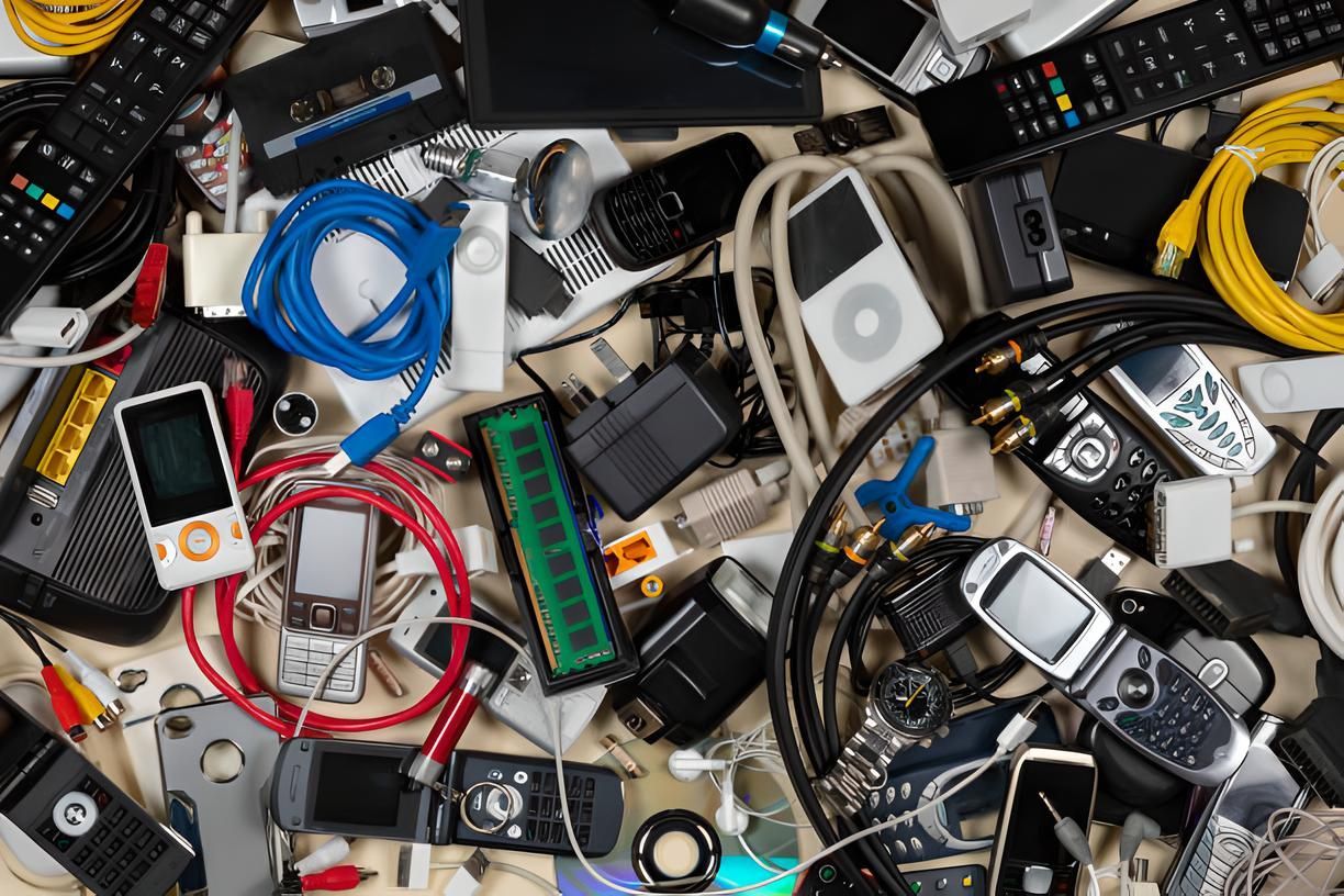 A pile of electronic devices including an ipod