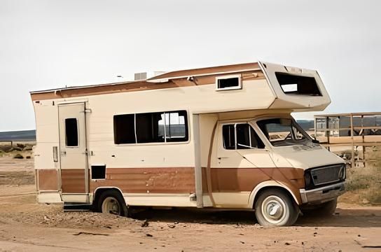 An old rv is parked in the middle of a desert