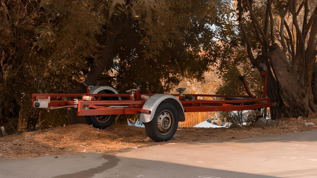 A red trailer is parked on the side of the road