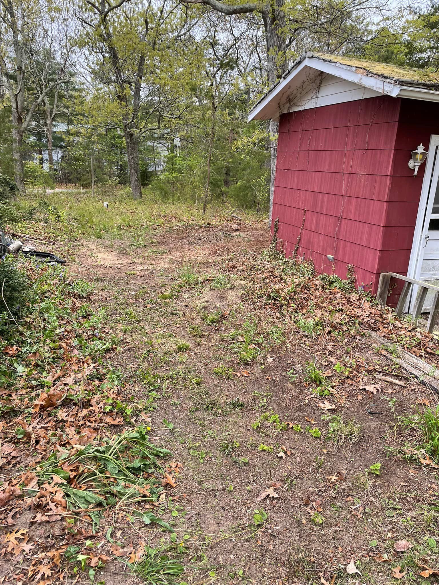 A red shed is sitting in the middle of a lush green field