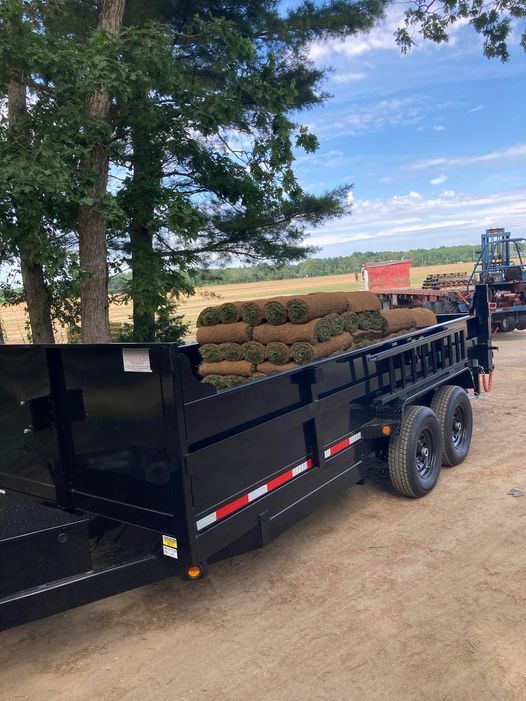 A dump trailer filled with rolls of turf is parked in a dirt lot