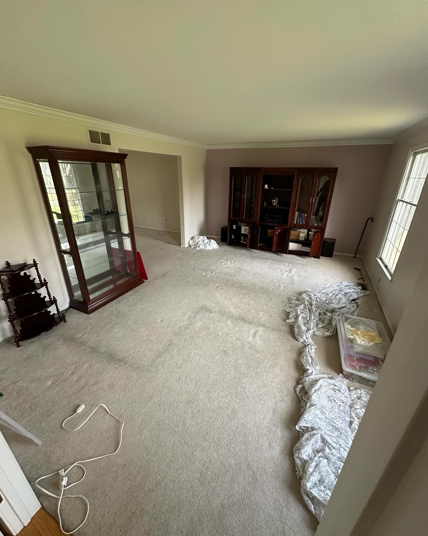 A living room with a carpeted floor and a glass cabinet