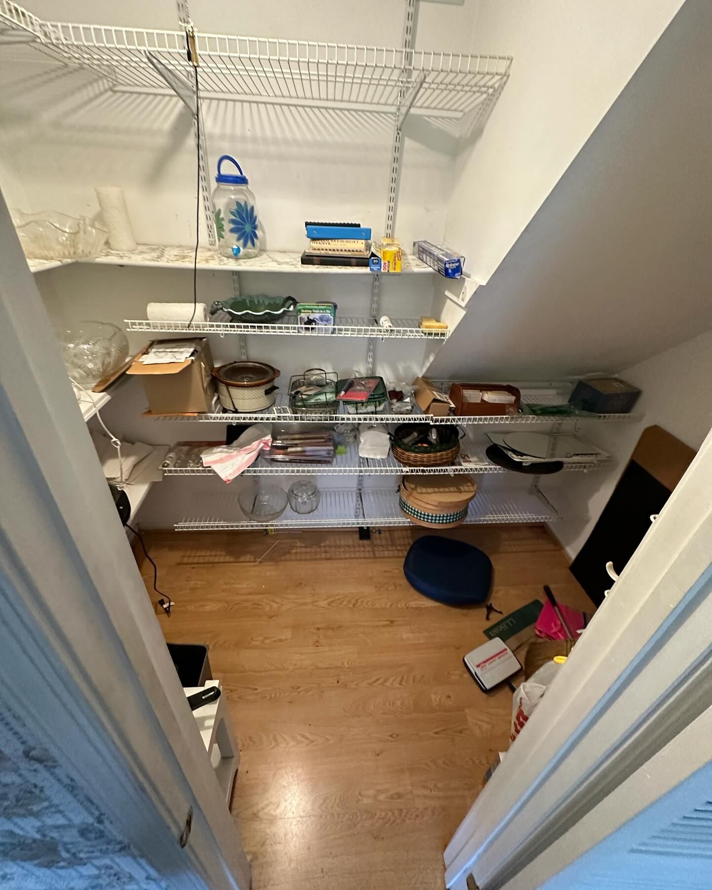 A walk in pantry with shelves and boxes on the floor