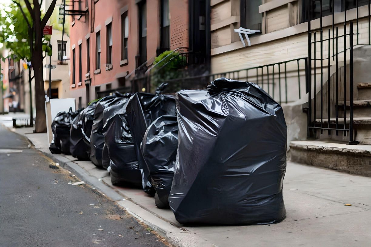 A row of black garbage bags are lined up on the sidewalk