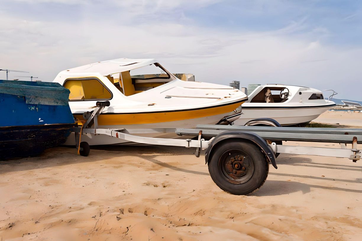 A boat is sitting on a trailer on the beach