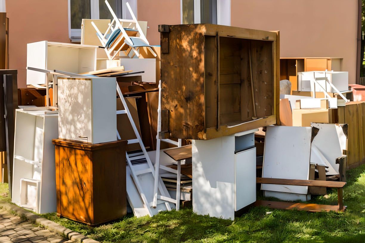 A pile of furniture is sitting in front of a house