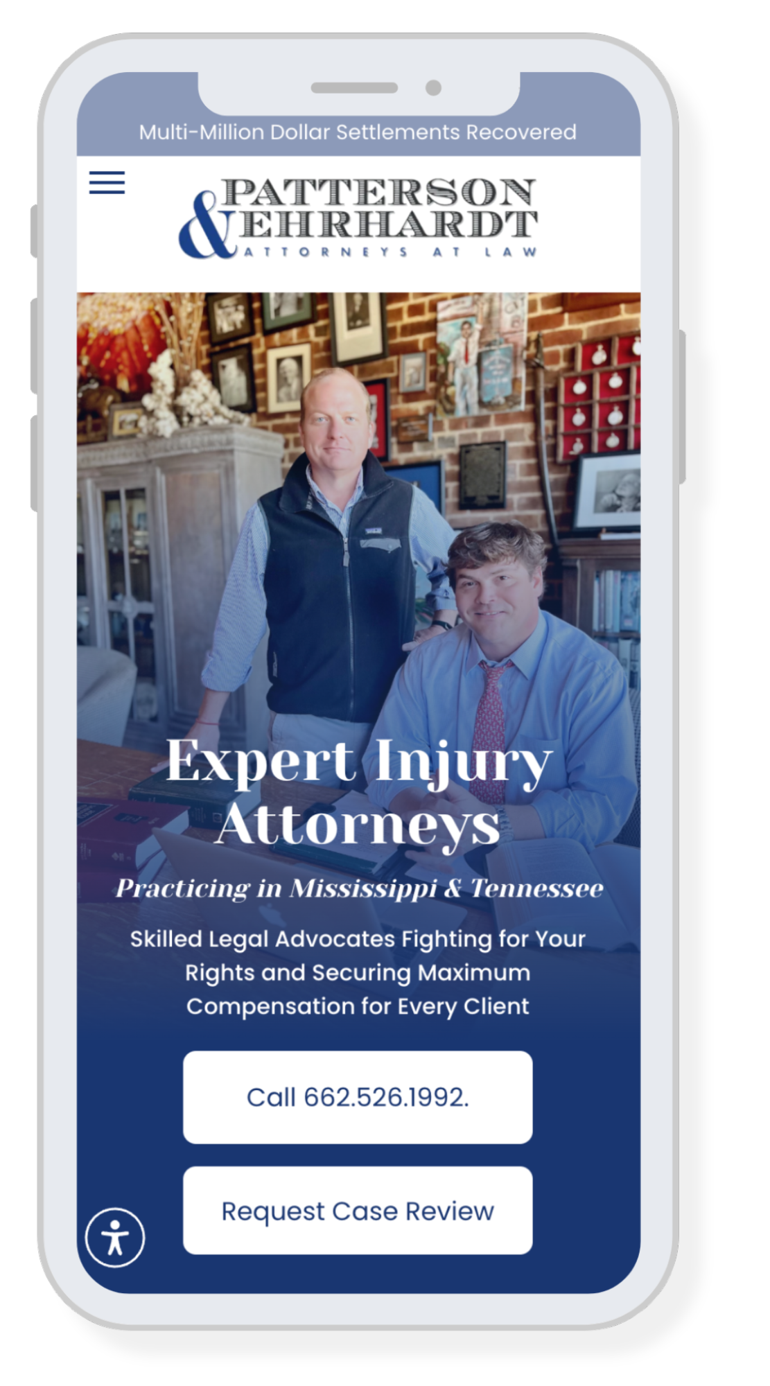 A cell phone displaying the website for patterson & ehrhardt.