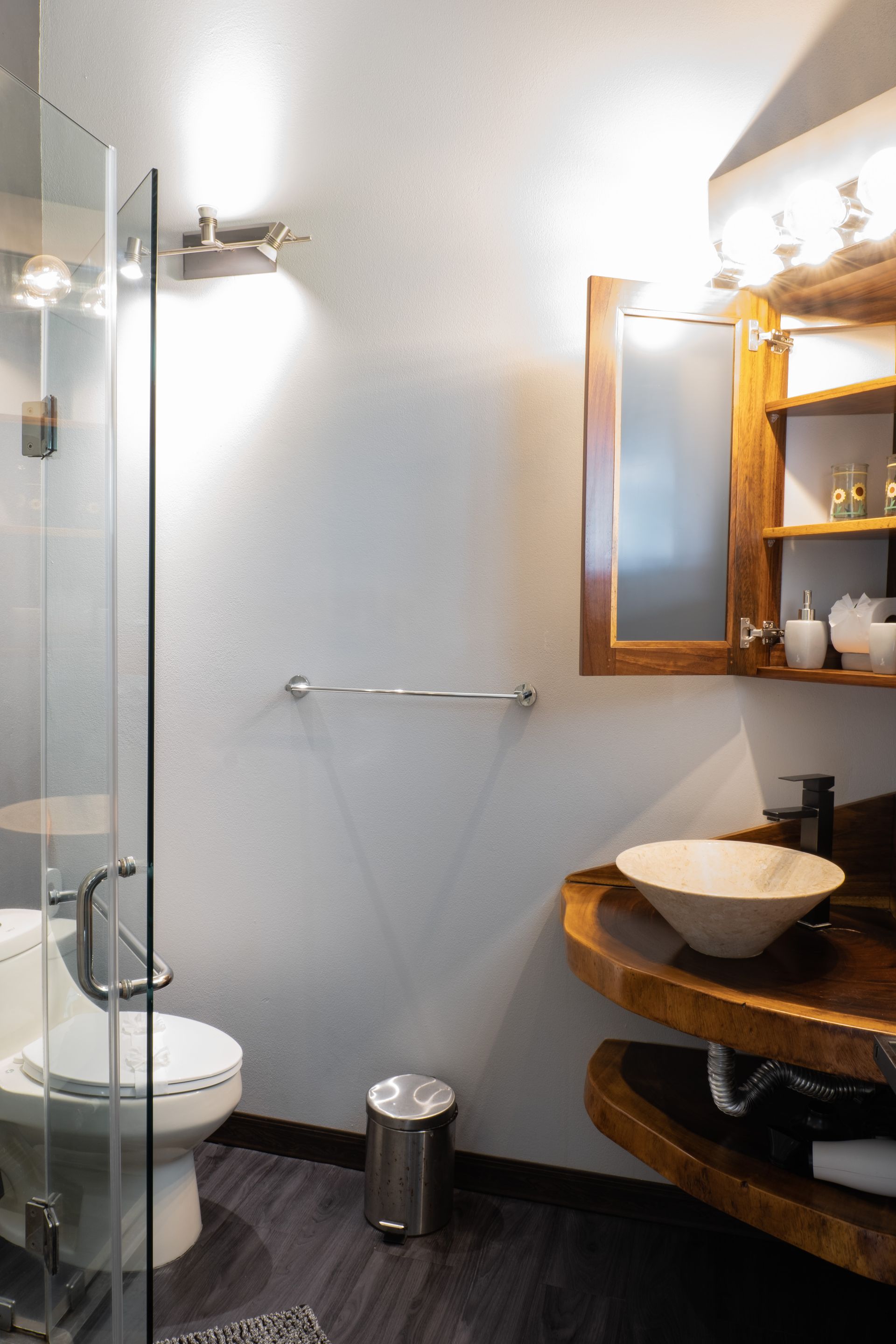 A modern bathroom with a wood-slab vanity, vessel sink, glass shower, toilet, and wall-mounted medicine cabinet.