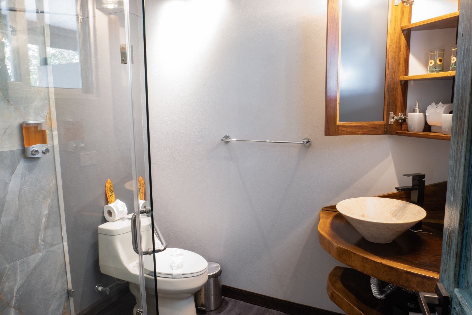 A bathroom with a vessel sink on a wooden counter, a toilet next to a glass shower, and a wall-mounted wooden cabinet.