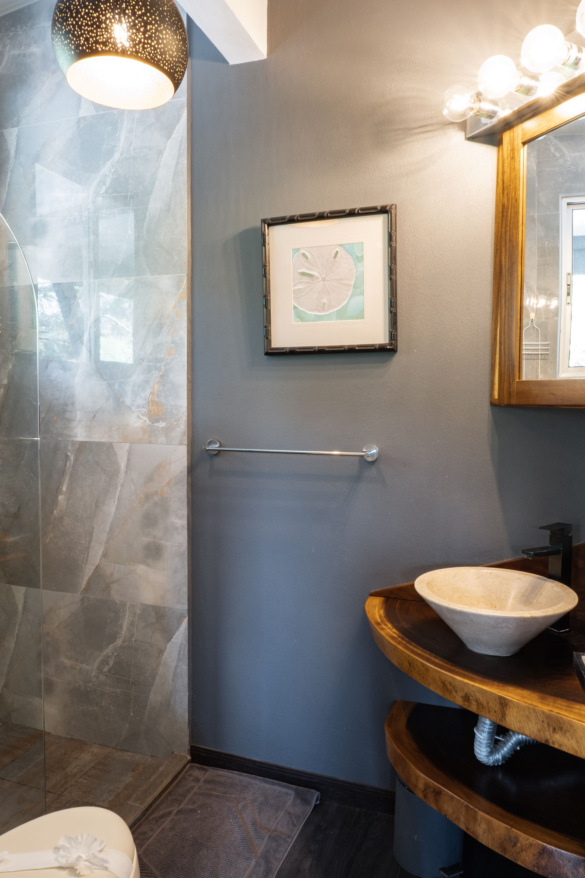 A bathroom features a dark blue wall, a wood-rimmed vanity with a white bowl sink, a shower stall, and a framed wall art.