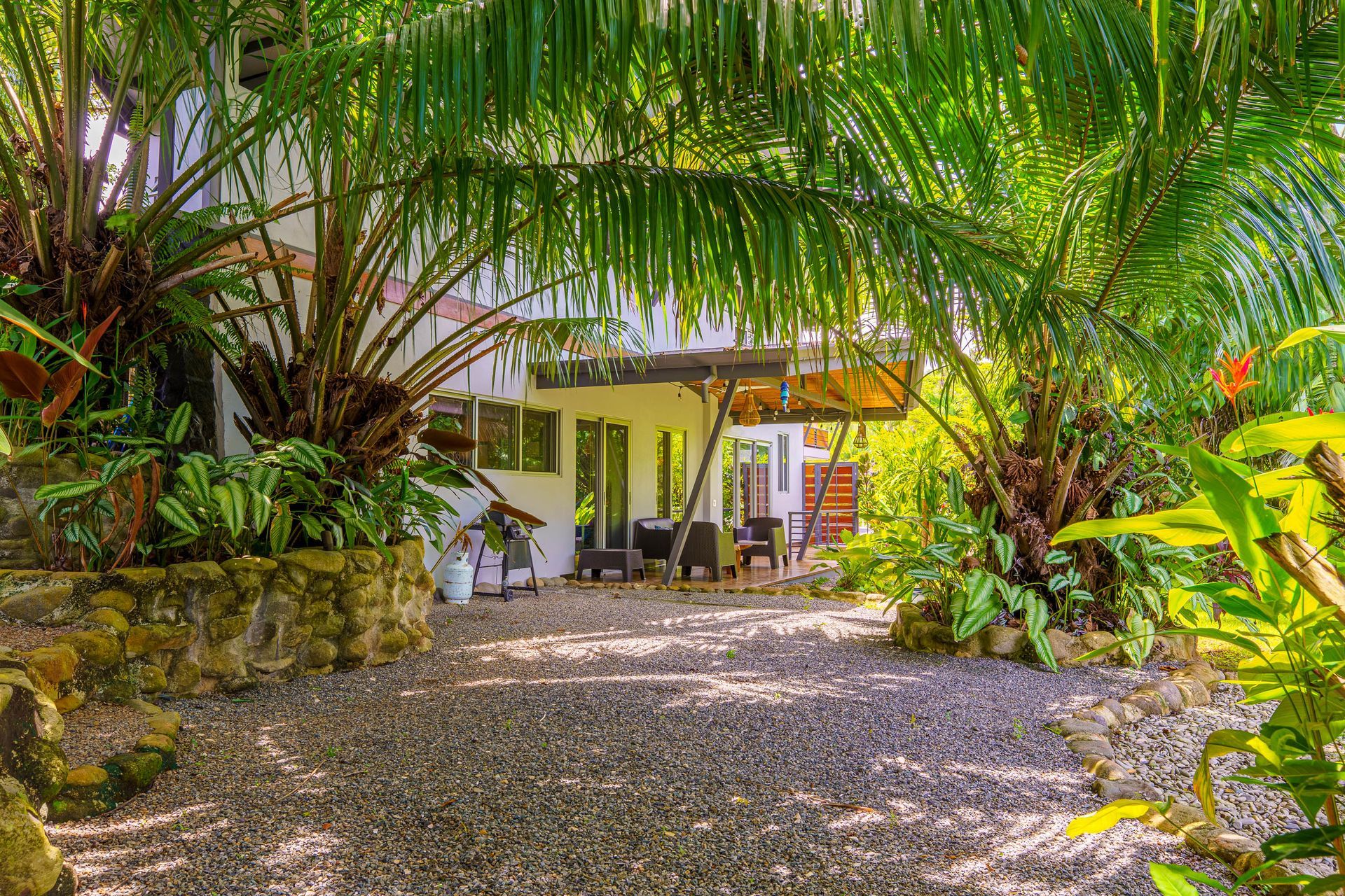 Tropical garden path leading to a white house with patio chairs under lush palms