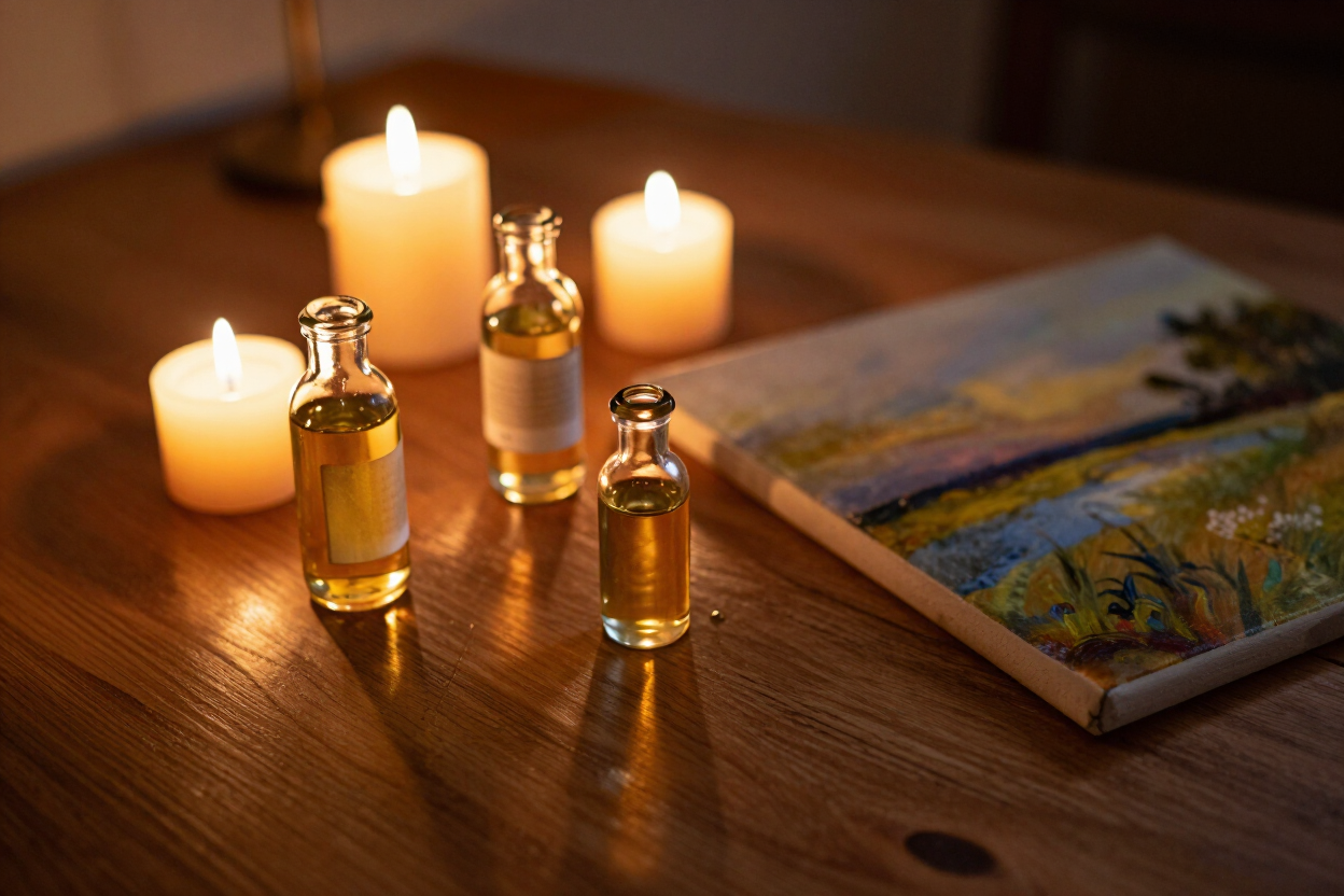 Anointing oils and candlelight beside a painting