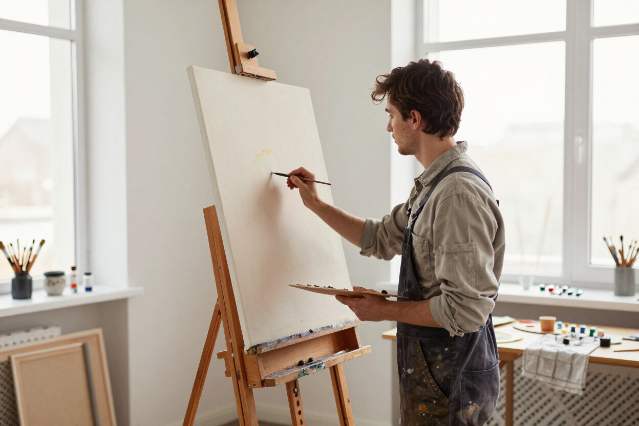Artist painting in a peaceful studio