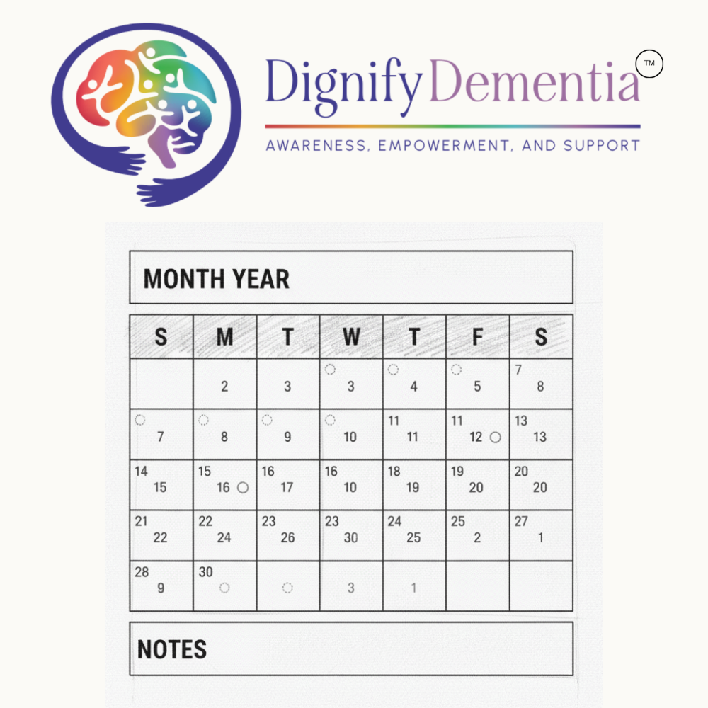 Monthly calendar with circles marked on some dates, notes section below.