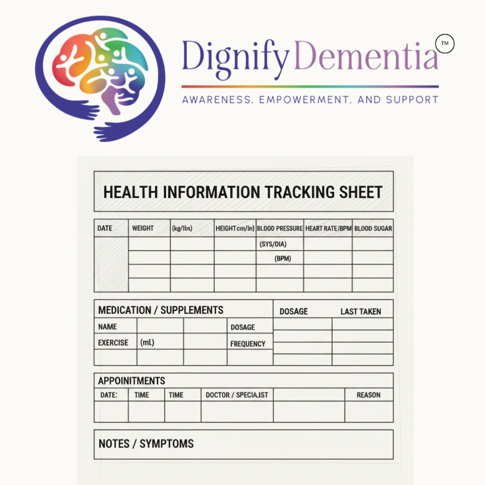 Health information tracking sheet. Includes sections for weight, blood pressure, medications, appointments, and notes.