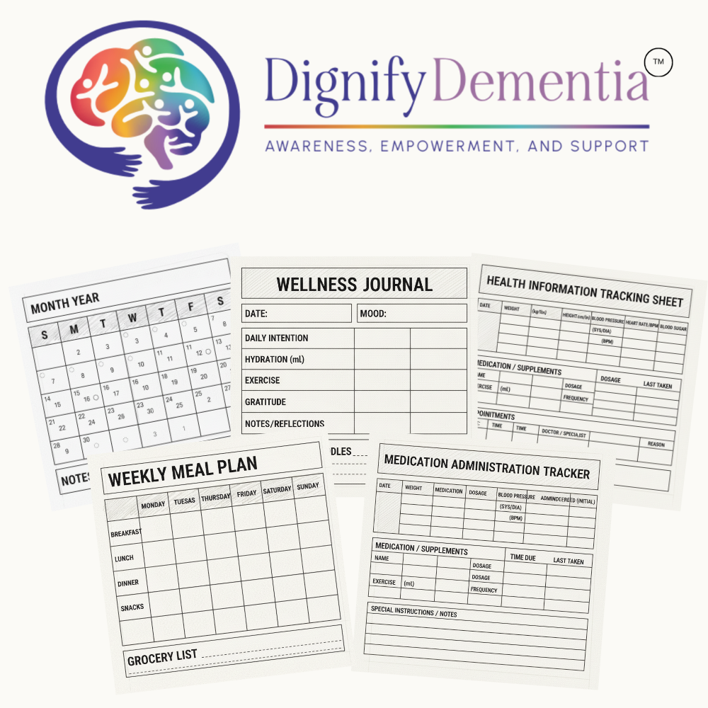 Wellness journal pages: calendar, health tracking, meal plan, and medication tracker.