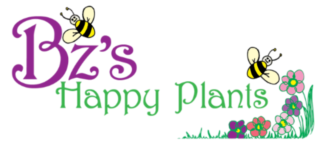 A logo for Bz's Happy Plants with bees and flowers A logo for Bz's Happy Plants with bees and flowers