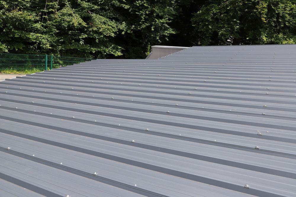 Gray Metal Roof With Parallel Ridges, With a Backdrop of Trees — Coffs Coast Roofing In Mullaway, NSW