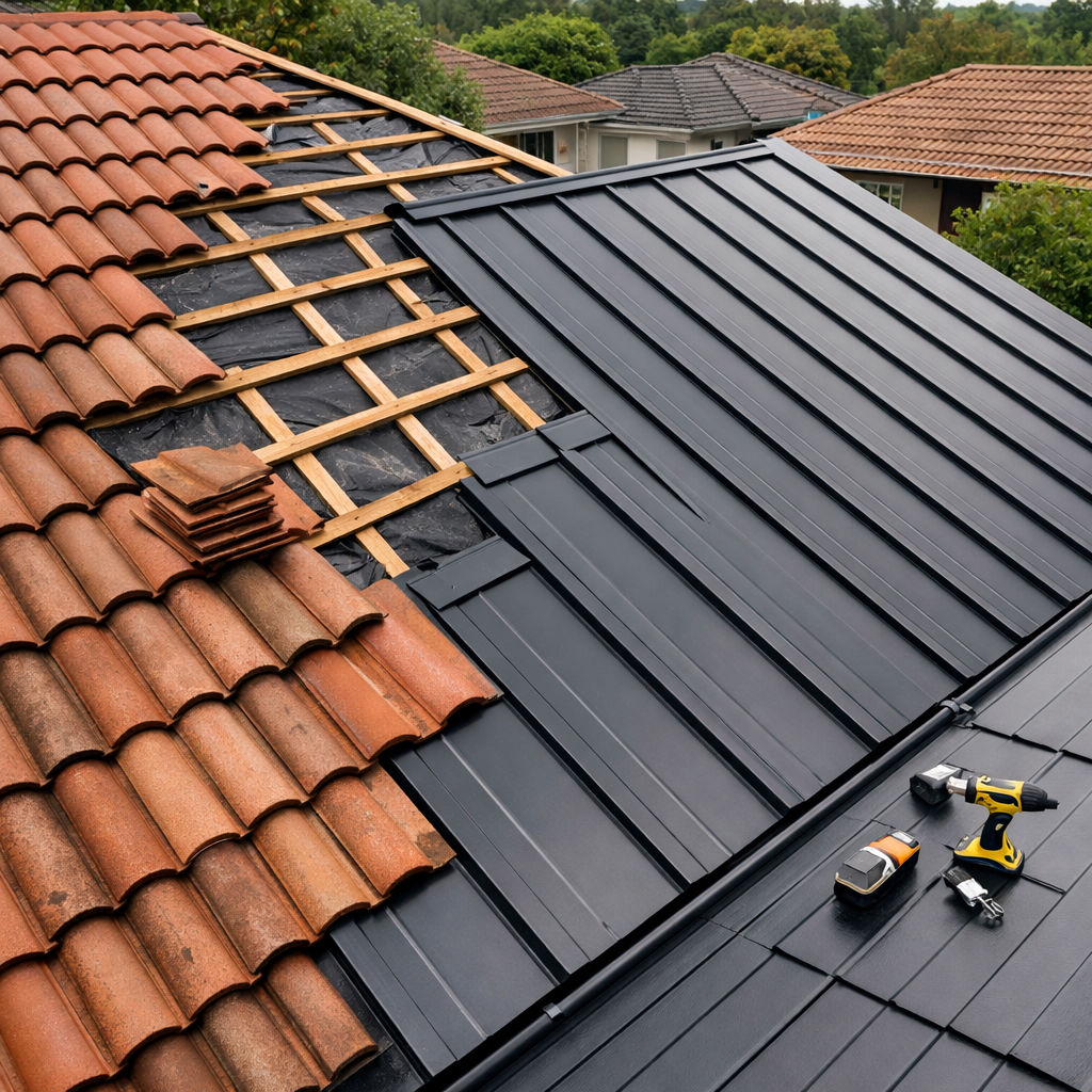 Brown metal roof on a house, angled view.