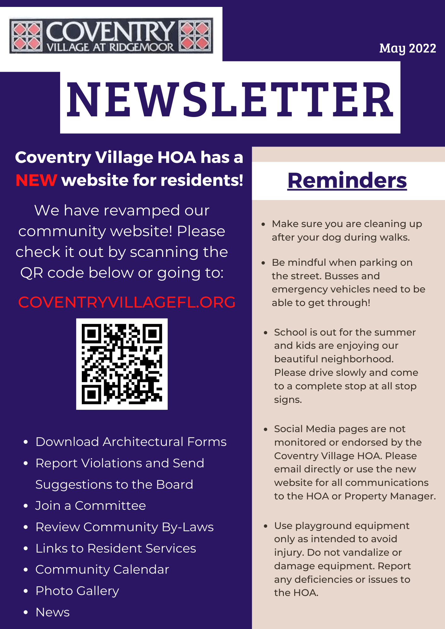 A newsletter from coventry village hoa has a new website for residents.