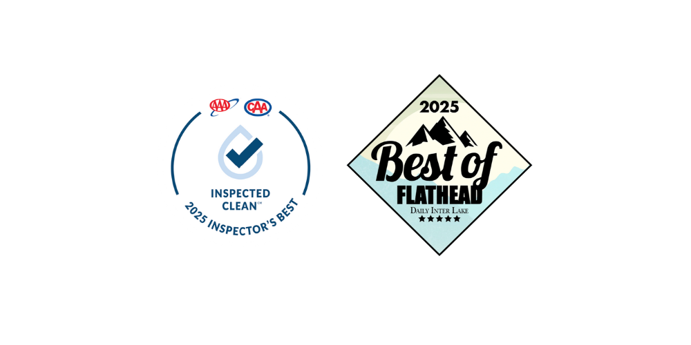 Two award logos: a circular blue checkmark seal and a diamond-shaped “Best of Flathead 2025” badge.