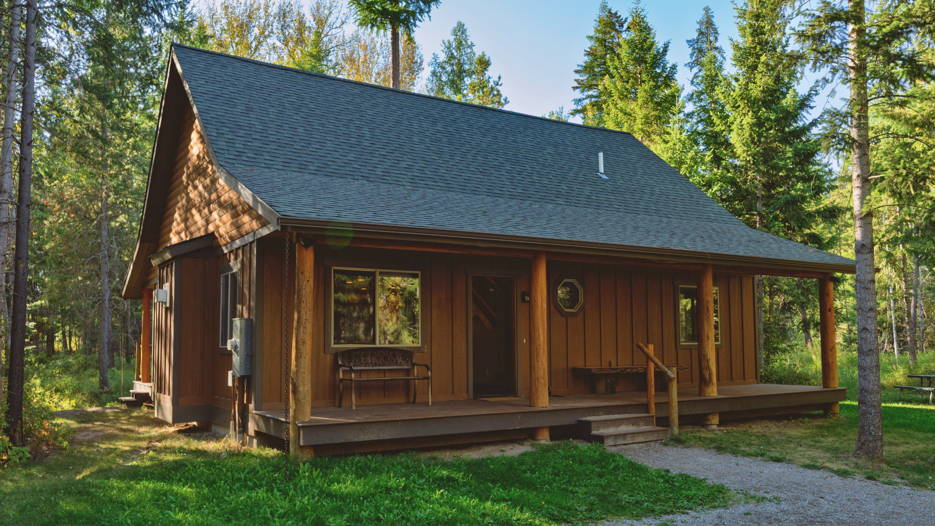 Rustic wooden cabin with dark roof in a pine forest, with a porch and green grass around it
