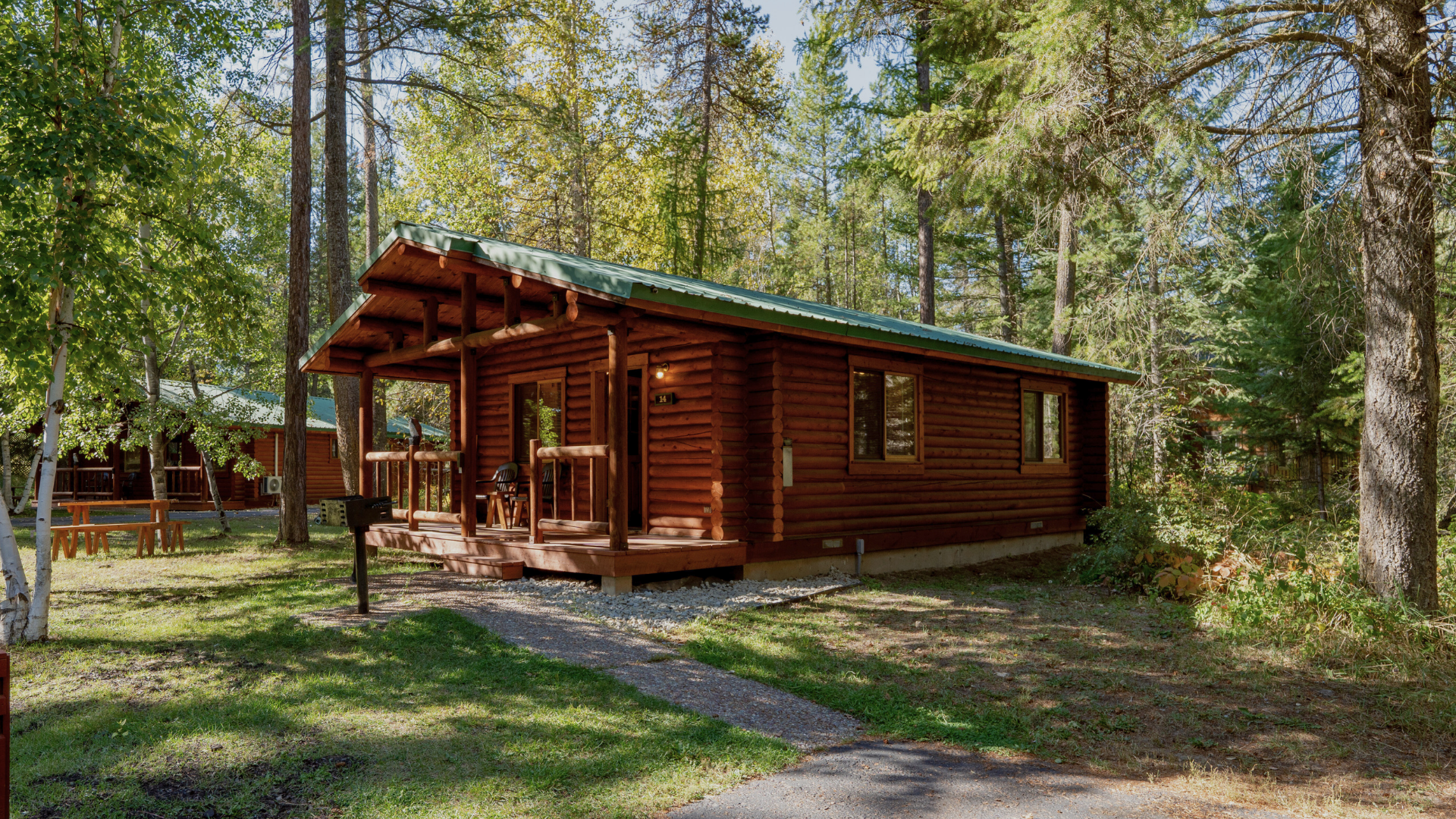 Wooden cabin in a sunny forest clearing, surrounded by tall trees and a gravel path.