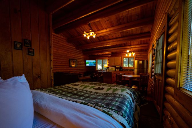 Cozy log cabin bedroom with wooden walls, plaid bedspread, and warm lighting, looking toward a sitting area