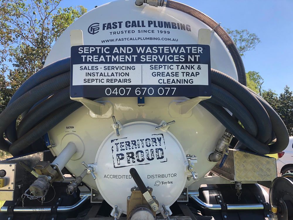 A Septic Tank With a Sign That Says Fast Call Plumbing — Fastcall Group In Herbert, NT