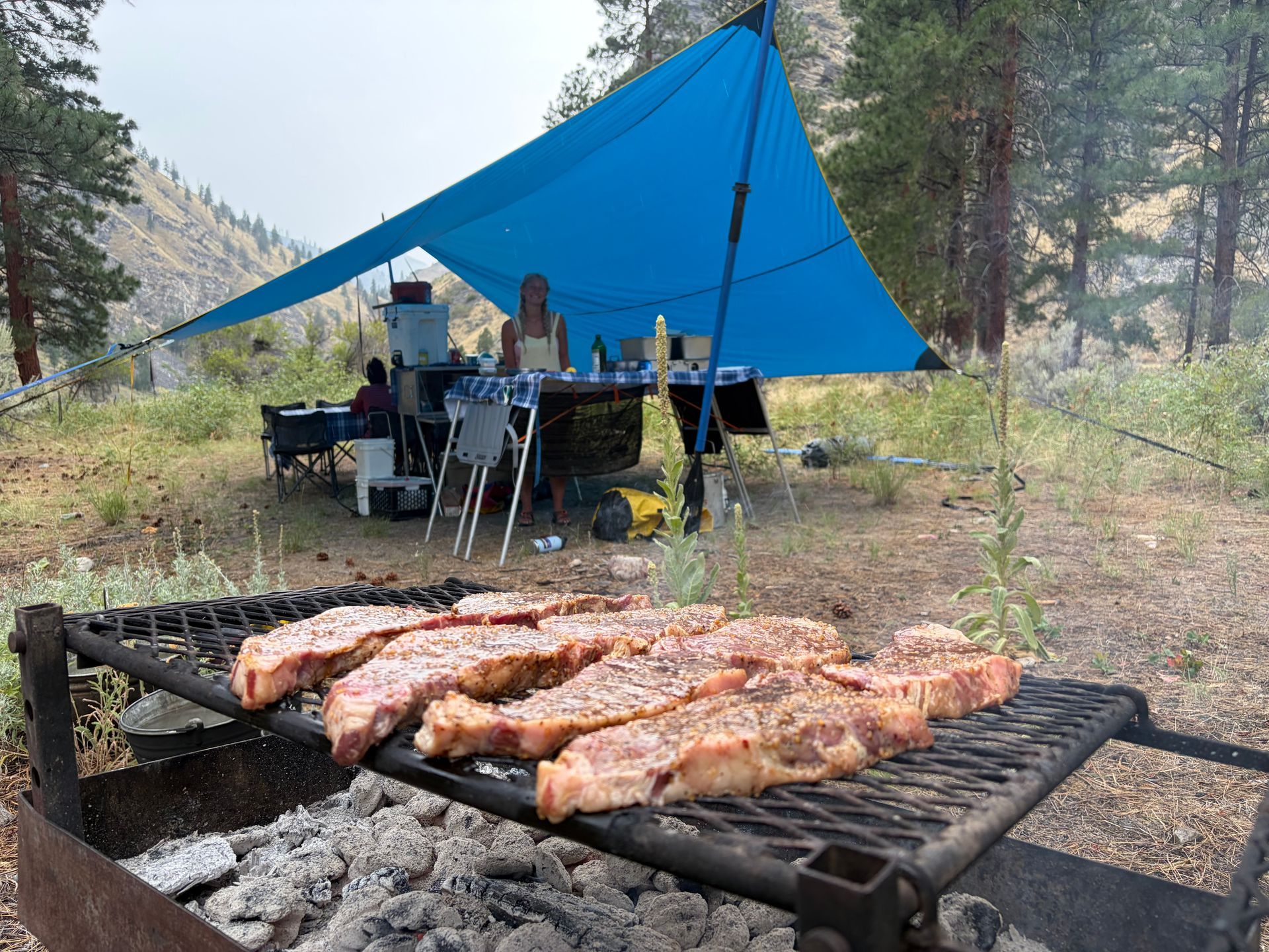 Campfire grill with meat cooking beside a blue tarp shelter in a forest clearing