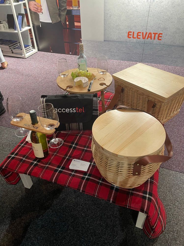 Baskets On The Table With Glass And Wine — Promotional Apparel In Shellharbour, NSW
