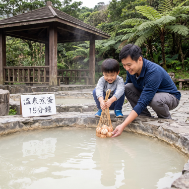 遊客（家庭，包括孩子）正在親身體驗「溫泉煮蛋」。畫面聚焦於他們將竹網袋（裝著蛋）放入乳白色溫泉池中的手部動作和開心的表情。背景有茂密的筆筒樹和涼亭。這個體驗充滿了樂趣，是孩子最愛的環節。