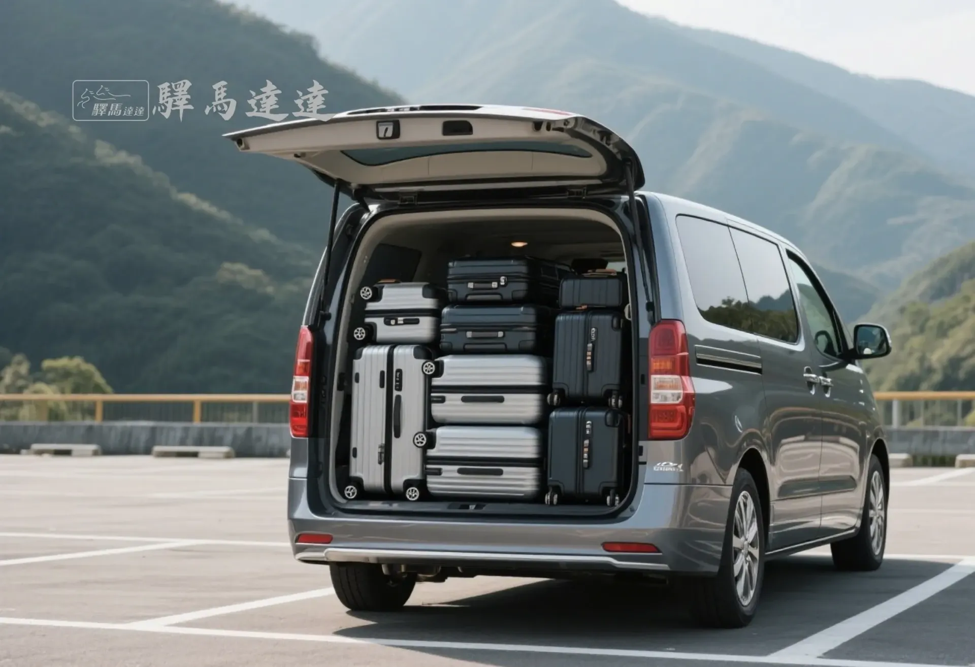 現代 Grand Starex 後車廂滿載視角圖,行李區整齊擺放 8 個登機與托運行李箱(以 28 吋和 20 吋為主),展現高效裝載能力。背景為台灣山腳下的停車場,畫面左上角顯示「驛馬達達」標誌。