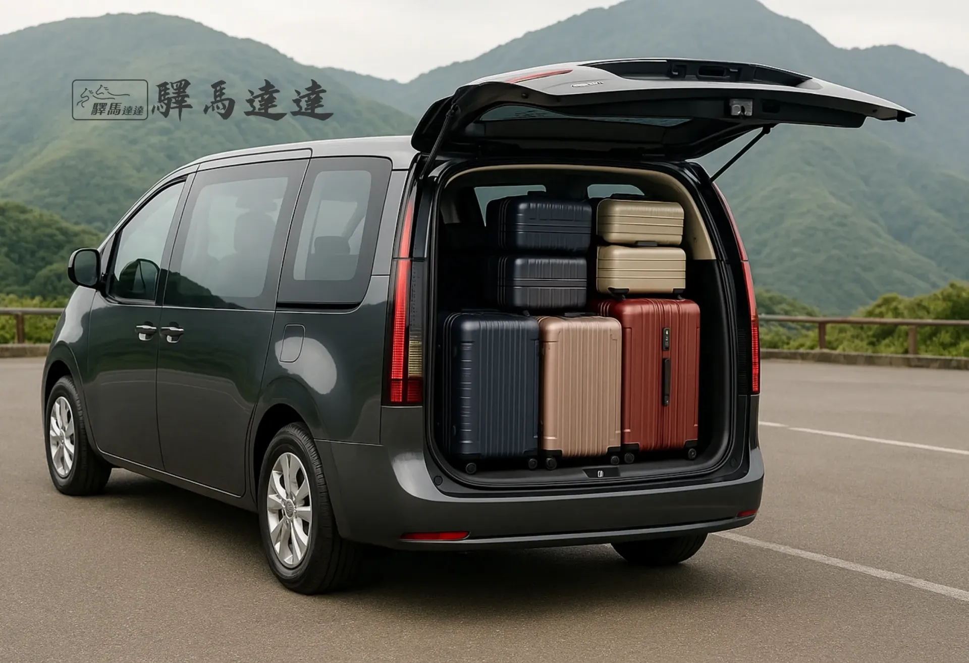 現代 Staria 後車廂滿載視角圖,行李區整齊擺放 7 個登機與托運行李箱(以 28 吋和 20 吋為主),展現高效裝載能力。背景為台灣山腳下的停車場,畫面左上角顯示「驛馬達達」標誌。
