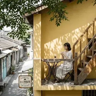 審計新村方形圖片。聚焦於二樓轉角陽台的無人空景。老舊的黃色外牆、木製階梯與復古紅磚在中午時分展現日系慵懶感。斑駁的樹影灑落,一位文青女子(Persona)坐在陽台小椅上享受手沖咖啡。畫面避開了大批網美,強調慢活節奏與包車避開人潮的專屬感。