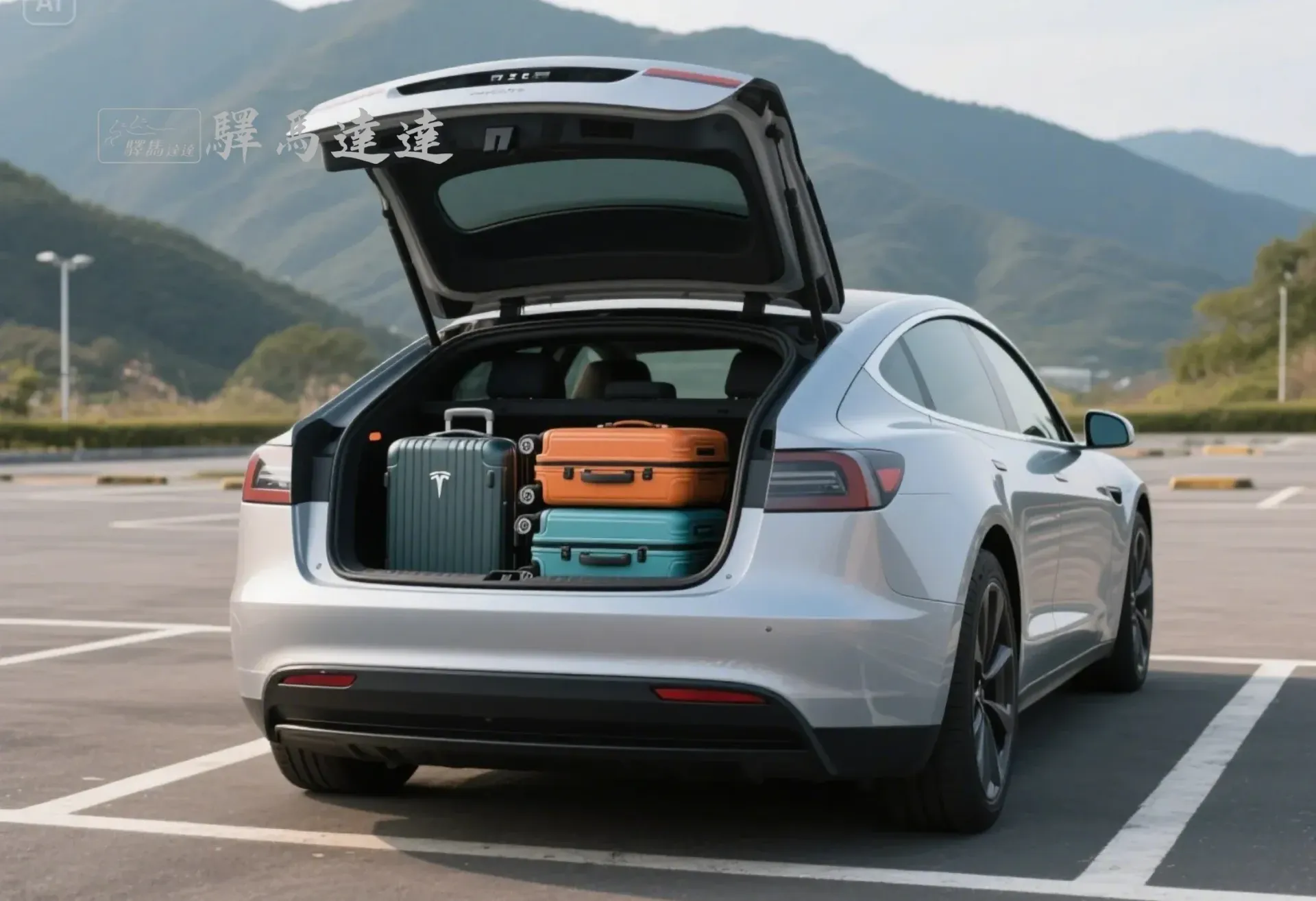 特斯拉 Model S 後車廂滿載視角圖，行李區整齊擺放 3 個登機與托運行李箱（以 28 吋和 20 吋為主），展現高效裝載能力。背景為台灣山腳下的停車場，畫面左上角顯示「驛馬達達」標誌。