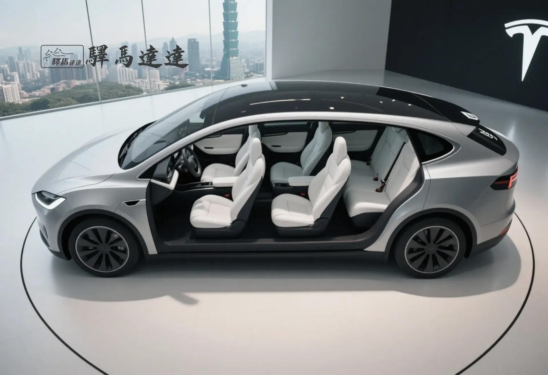 特斯拉 Model X車內寬角側視圖，呈現前排與後排座椅，座椅之間的間距清晰可見。畫面左上角顯示「驛馬達達」標誌。