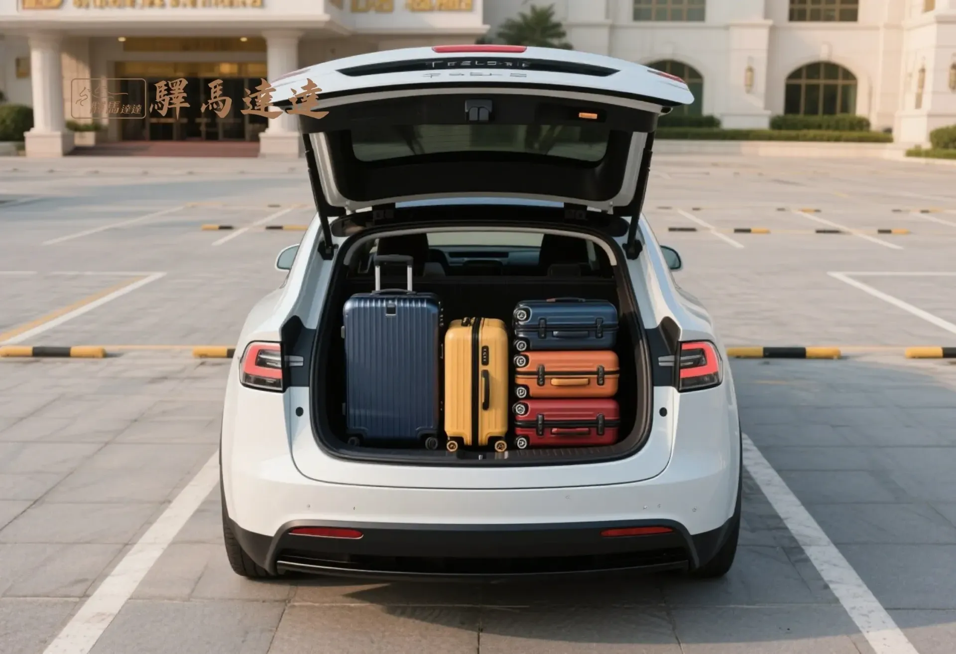特斯拉 Model X 後車廂滿載視角圖，行李區整齊擺放 5 個登機與托運行李箱（以 28 吋和 20 吋為主），展現高效裝載能力。背景為台灣飯店停車場，畫面左上角顯示「驛馬達達」標誌。
