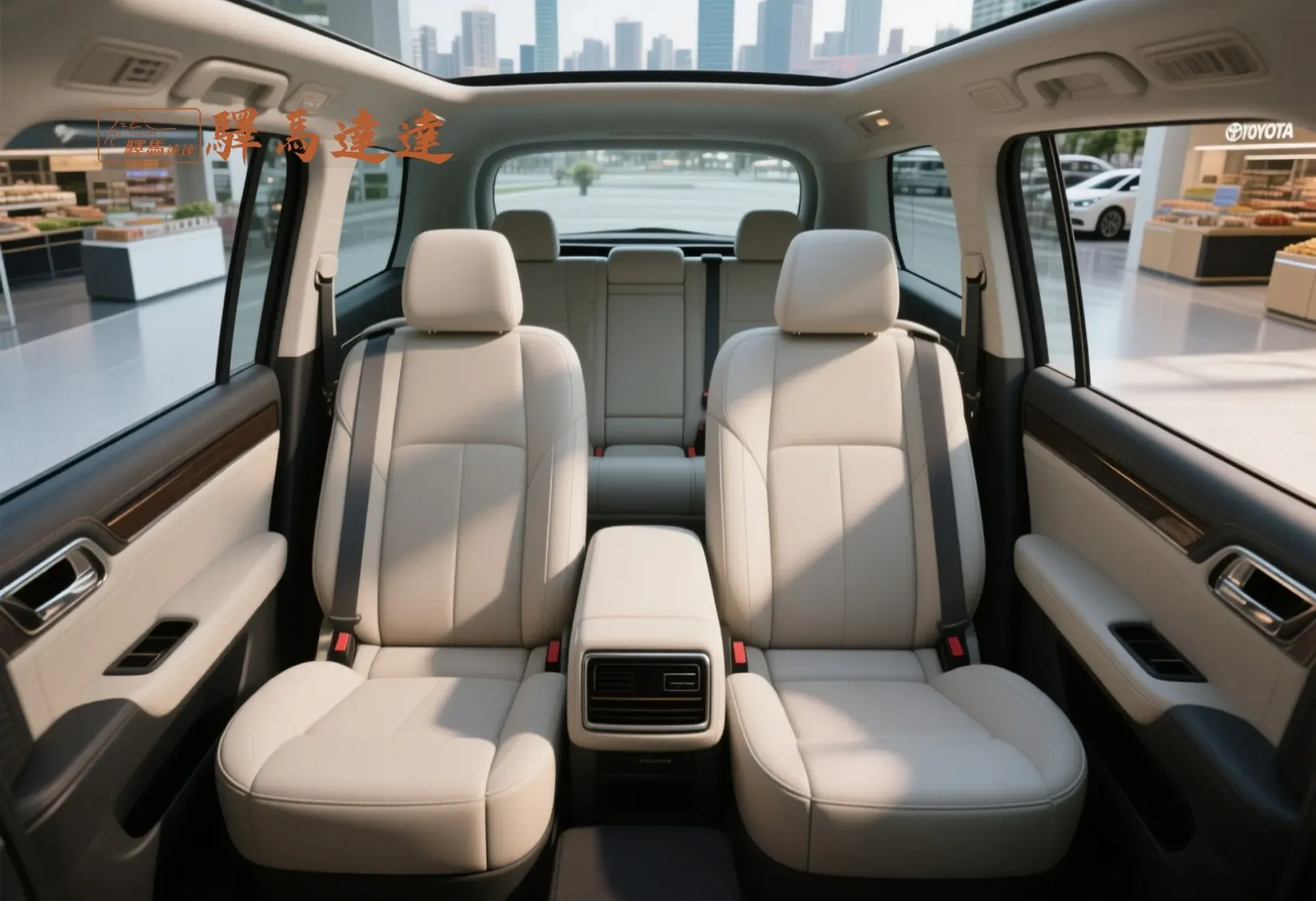 豐田 Alphard 車內寬角側視圖,呈現前排與後排座椅,座椅之間的間距清晰可見。畫面左上角顯示「驛馬達達」標誌。